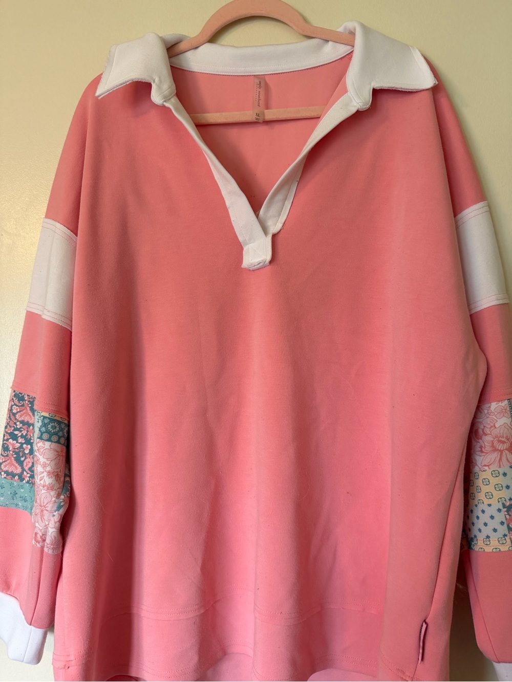 Simply Southern Coral Pink Rugby Pullover with White Collar